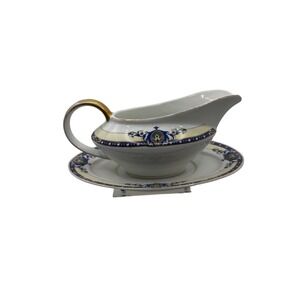 Victoria Czecho-Slovakia Gravy Boat Attached Underplate Gold Handle Blue Cream